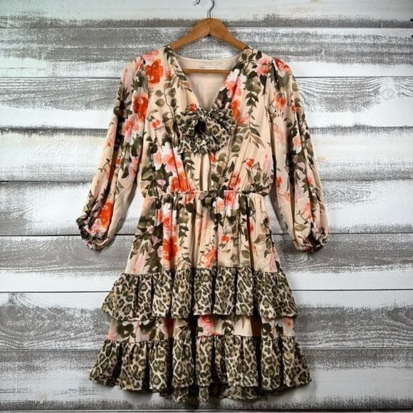 Cato Dresses & Skirts - Cato Ruffle Cutout Floral Animal Print Midi Dress Women's Size Small